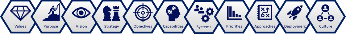A series of icons depicting the important elements to consider for organisation excellence.