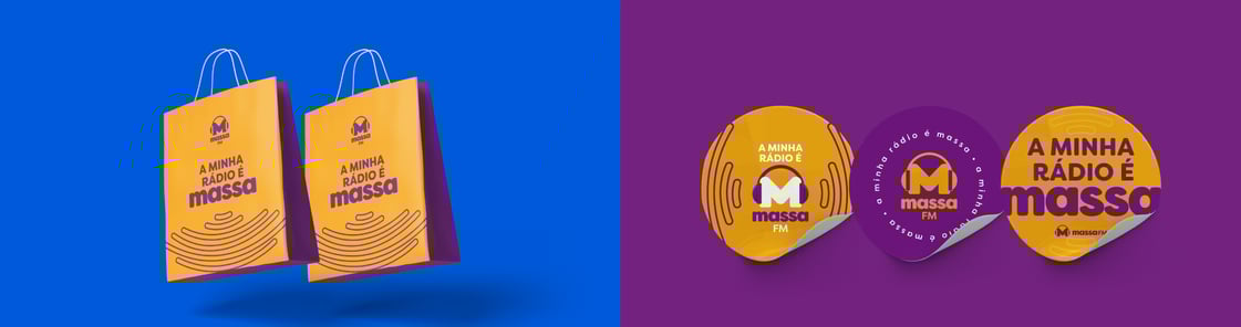 Sacolas amarelas e adesivos redondos amarelos e roxos