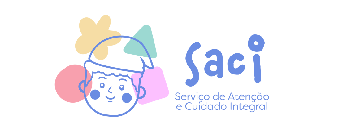 Logo de clínica pediátrica com saci, flor e formas infantis e cores pastel