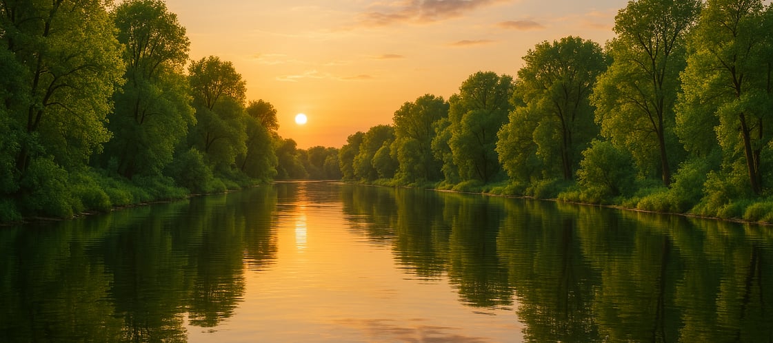 a calm river with green trees in the background on a very nice evening