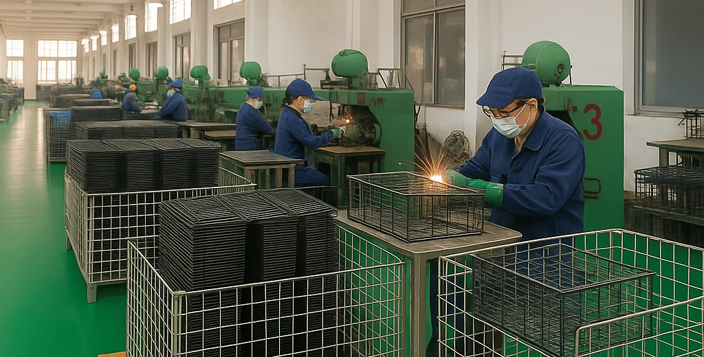 Workers assembling custom metal storage racks at Koitor Hardware's factory in China — a trusted OEM