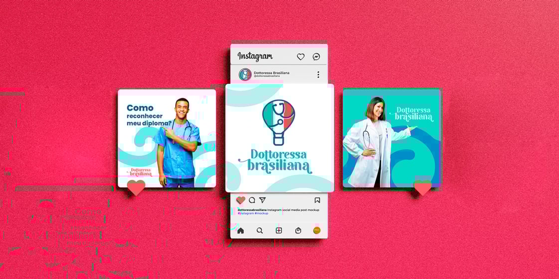 Instagram com posts com logo de médica com balão, bandeira da Italia e estetoscópio