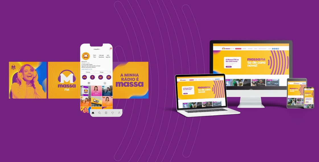 Instagram, computador, tablet e celular com artes roxas e amarelas