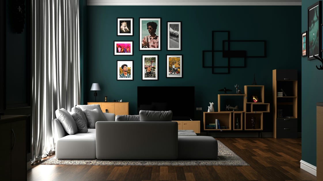 a living room with a couch and a television