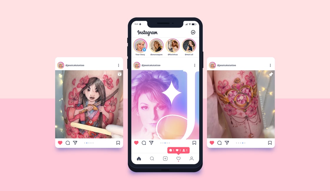 Postagens em Instagram de tatuadora delicada Kawaii com brilho e degradê rosa e feminino