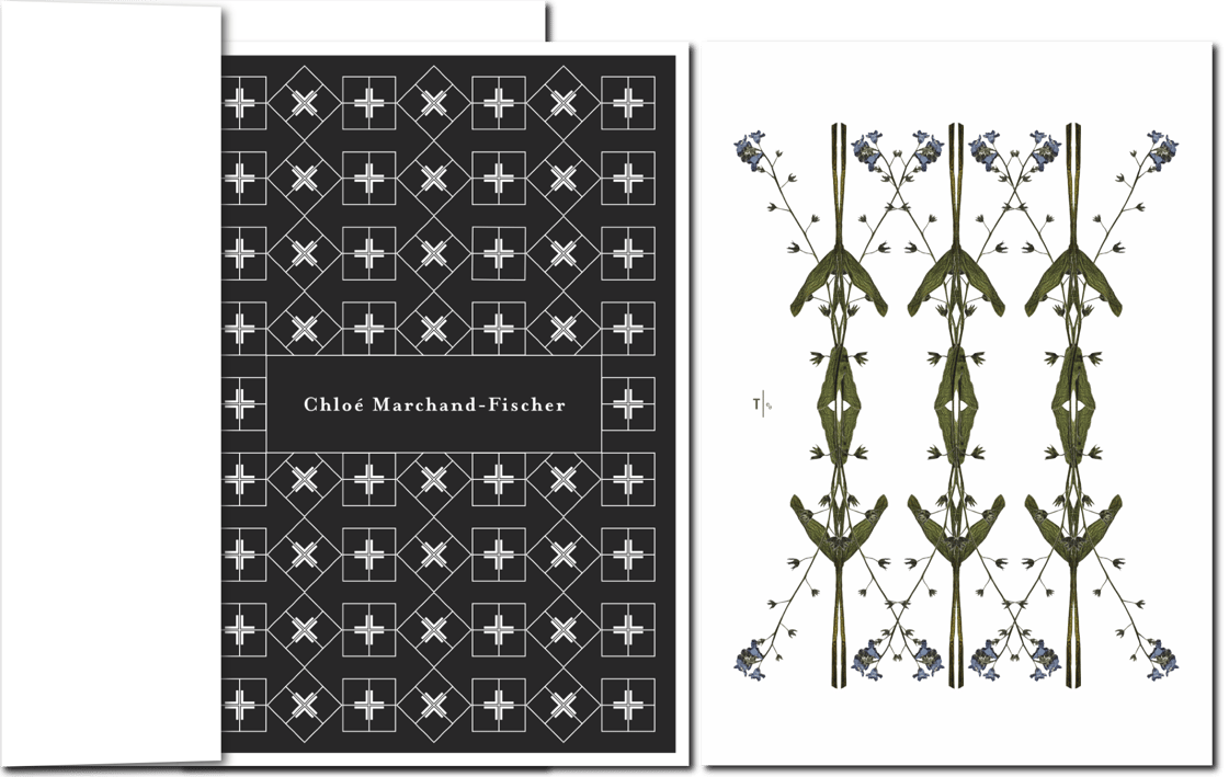 Christliches Ornament und Blumenornament auf Trauerkart, Vergissmeinnicht.