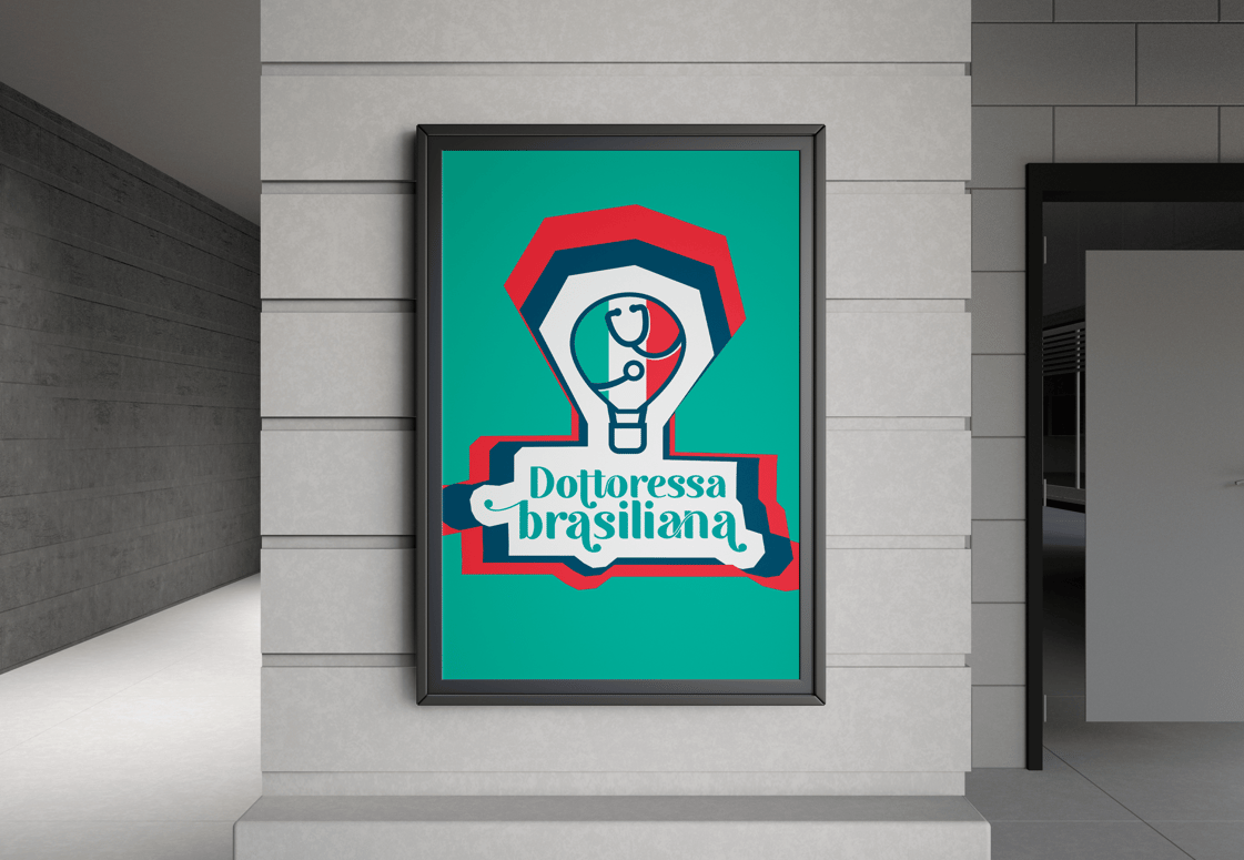 Quadro com logo de médica com balão, bandeira da Italia e estetoscópio