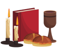 book, candles, bread and cup