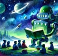 a robot with a book reading story to children