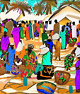 a painting of a coastal market place