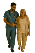 A healthcare worker in blue scrubs assists an elderly woman in beige clothing as they walk together,