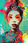 pop art painting - a woman with a colorful headdress and a colorful painting