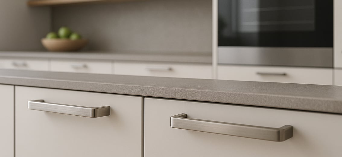 Moderne Küche mit schlichten Edelstahlgriffen auf hellen Fronten.