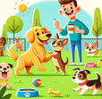 a man is playing with his dog in the park