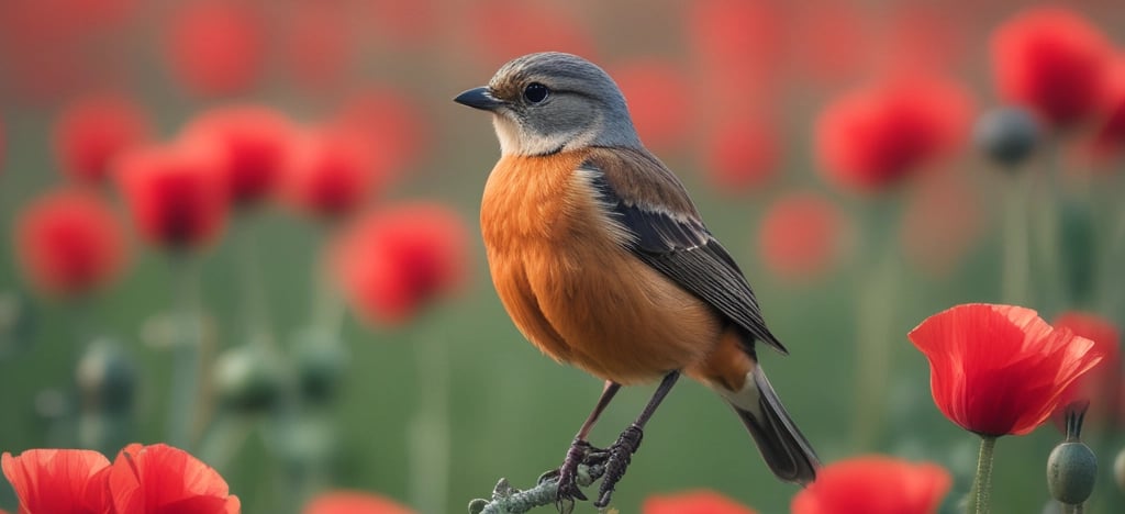 Petit oiseau dans champ de coquelicot