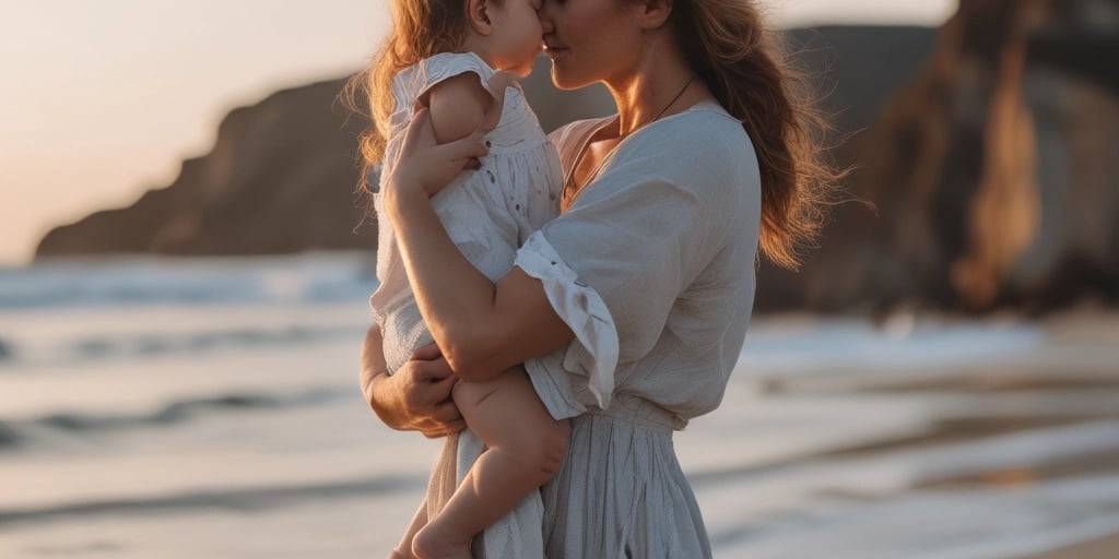 A wooden sculpture depicting a mother embracing a child, both with smiling expressions. The sculpture is positioned on the keyboard of an open laptop, with a blurred background featuring warm colors.