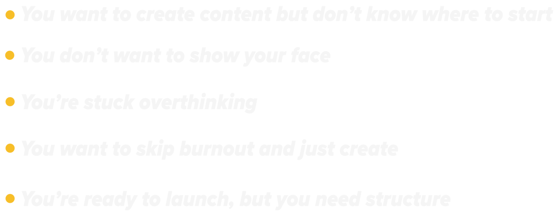 Visual list showing creator struggles: overwhelm, fear, burnout, overthinking, lack of clarity