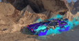 3D animation frame - DeLorean racing through deserted terrain with neon blue and purple smoke trail