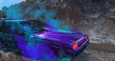 Screenshot from 3D animation - Abstract floral textured DeLorean Car and pastel vapor trails racing through deserted mountain
