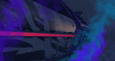 Car racing visual shot - tilted side view with glowing neon pink cord attached to car door and purple smoke trails
