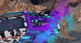 DeLorean animation with neon smoke trail - bursting through deserted mountain