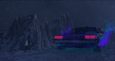 3D animation frame - DeLorean racing through dark cold mountain front view with purple smoke vapor trails
