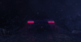 Frame from visual animation - DeLorean parked in the middle of mountain road at nigh with pink neon headlight graphics