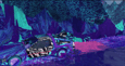 Racing DeLorean with layered abstract effects and zebra overlays and mountain backdrop animated graphics scene
