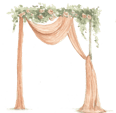 wedding altar with flowers and orange drape curtain
