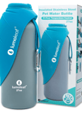 a blue and grey water bottle for dogs with the bowl attached