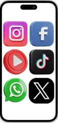Tela de celular exibindo ícones de redes sociais como Instagram, Facebook, YouTube, TikTok, WhatsApp