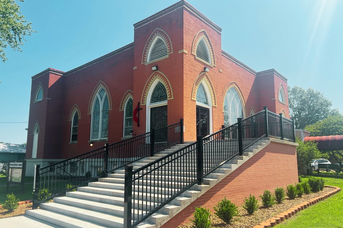 Moran United Methodist Church building new stairs landscaping and new sidewalk May2023