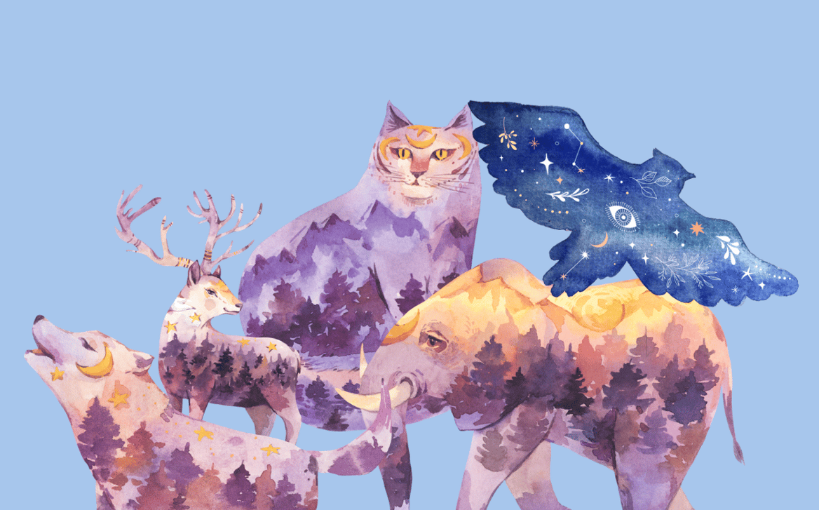 Dessin mystique d’animaux étoilés, symbolisant la connexion spirituelle entre nature et cosmos