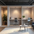 interior de coworking con suelo de madera y alfombra beige