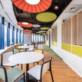 interior oficina Groupon con paneles acusticos y lamparas colgantes flexxica (Flexxica hanging lamps and round tables)