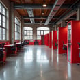 open space with work stations and red walls