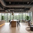 interior de coworking con suelo de madera, techo industrial