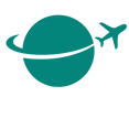 Icon of a green plane, dashing across and slicing a green circle representing the Earth.