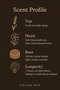 Scent chart with lavender top, chamomile heart, cocoa butter base, 3h skin longevity before fade