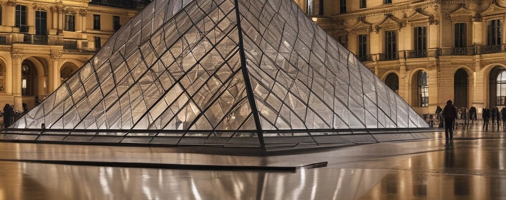 A dimly lit art gallery features several framed art pieces mounted on a textured concrete wall. There is a black display stand in the center of the room with a curved glass top, possibly showcasing an item underneath. The lighting is focused on the walls, highlighting the artwork while casting the rest of the room in shadows.