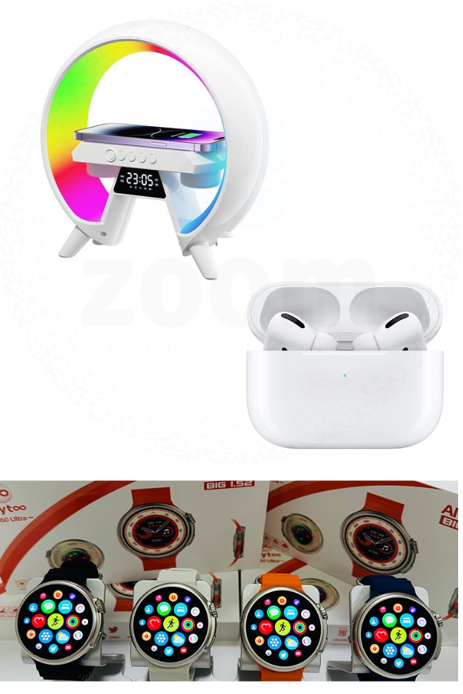 The image displays three different tech products, each with a modern and sleek design: At the top,