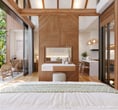Cozy tropical bedroom in Villa Nila with a bed facing a sleek rotating mirror-TV for ultimate comfor