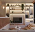 Villa Oraya’s open-plan living room and kitchen with a sunken lounge, blending modern comfort