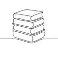 A minimalist line drawing of a stack of books shown in profile, with varying heights and thicknesses