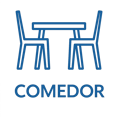 Ícono azul que representa comedor con dos sillas, imagen ilustrativa