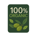 100% Organic certified olive oil badge with olive branch icon