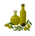 Illustration of olive oil bottles and fresh olives, representing premium quality