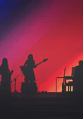 band on stage with rainbow background on screen