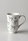 white ceramic mug for writing with elegant horse and bird designs in black. From Joyvity.