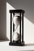 hourglass for writing. white sand and black wooden structure. from Joyvity.